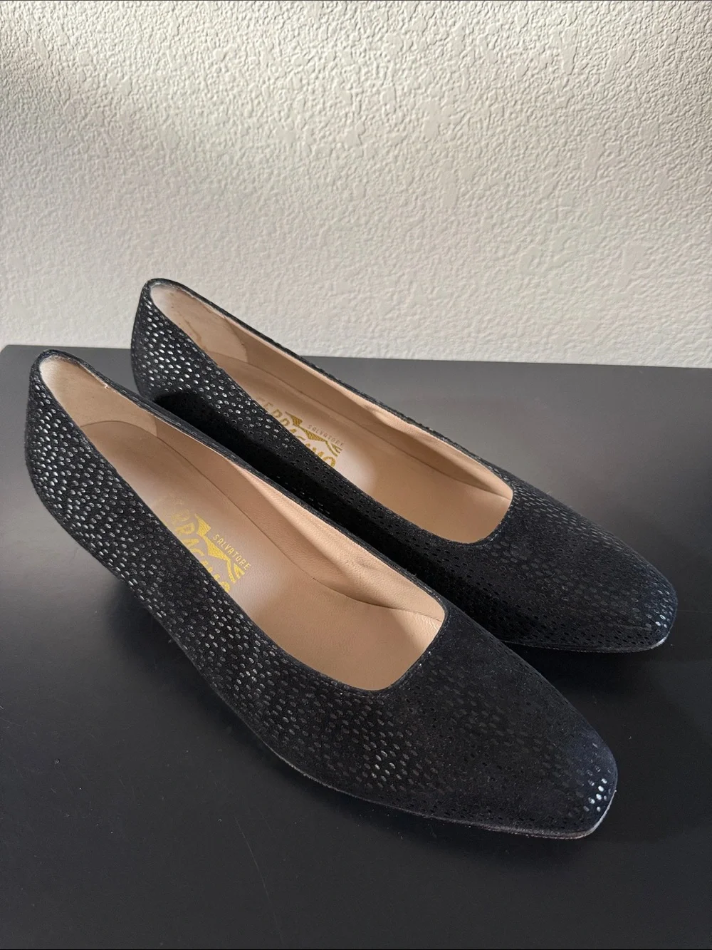 Salvatore Ferragamo Black Suede Pumps with Silver Dot Accents